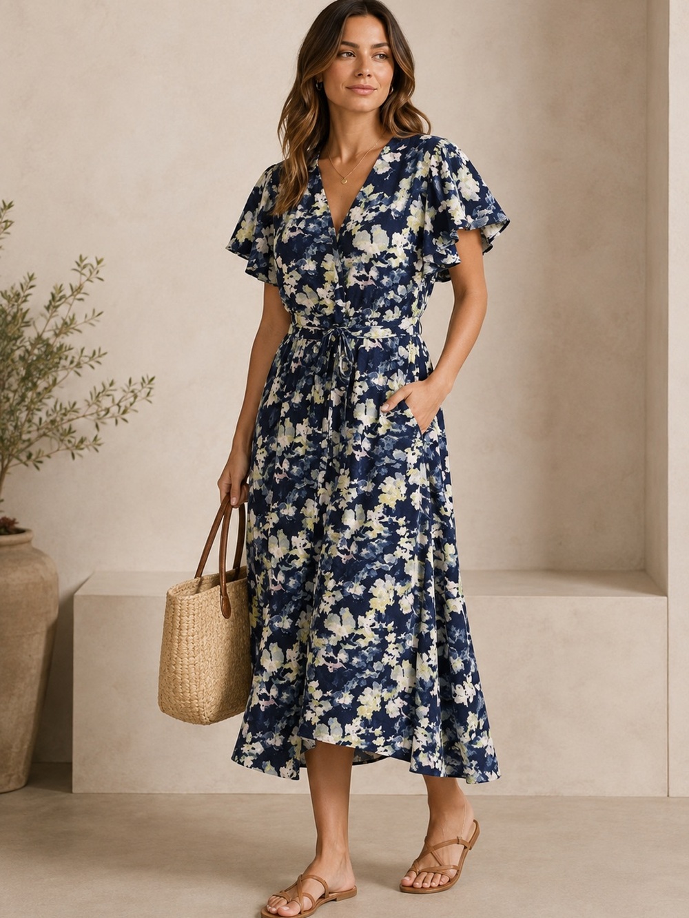 Floral V-Neck Navy Midi Dress with Tie Waist